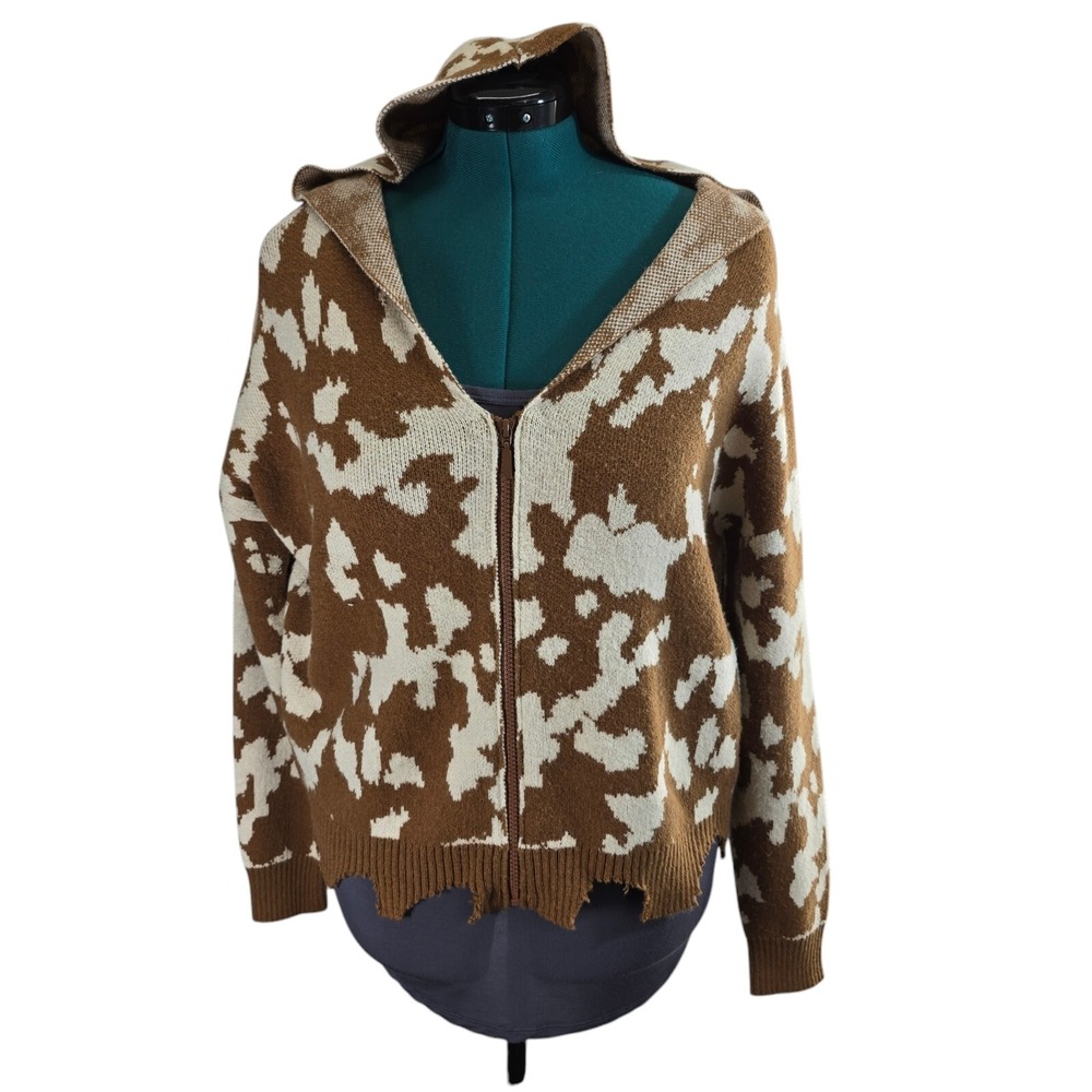 Willow & Root Cow Print Cardigan Womens XS Brown Knit Hooded Zip Distressed Boho